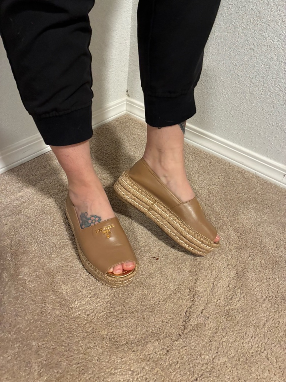 Prada Tan Leather Platform Espadrille Peep-Toe